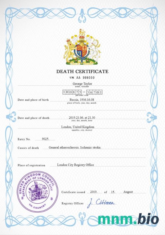 United Kingdom śmierć certyfikat PSD szablon, completely editable